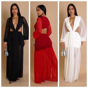 By the Pool Side Ruched Mesh Maxi Dress- 3 Colors